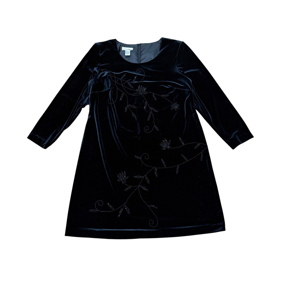 After Dark Black Velvet Beaded Floral‎ Shift Dress Sz 16 Long Sleeve Whimsygoth